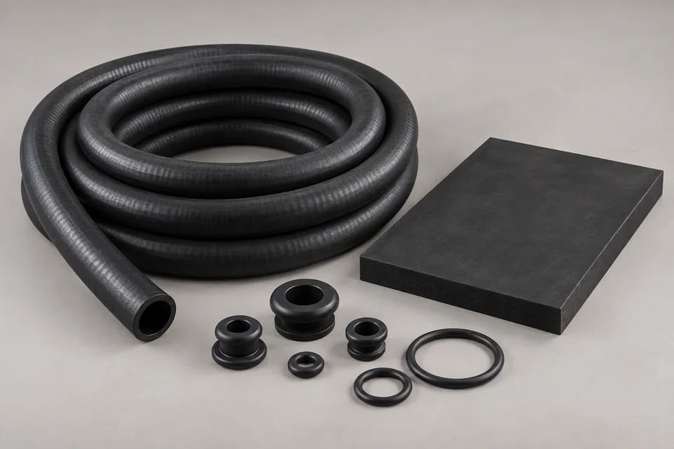 Studio render of field-equipment hose, a rubber liner pad, grommets and sealing rings