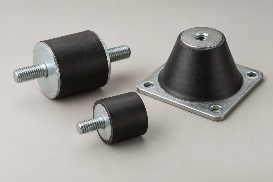 Studio render of threaded bobbin isolators and a flanged conical rubber-to-metal mount