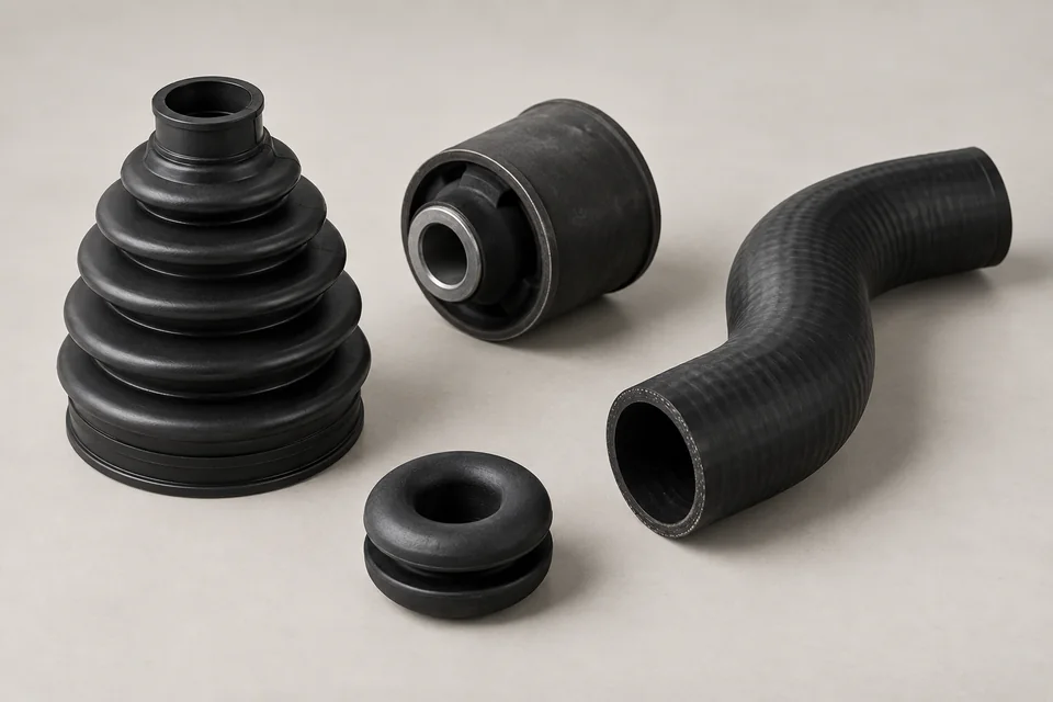 Studio render of an accordion CV boot, metal-sleeved bushing, curved hose and grommet