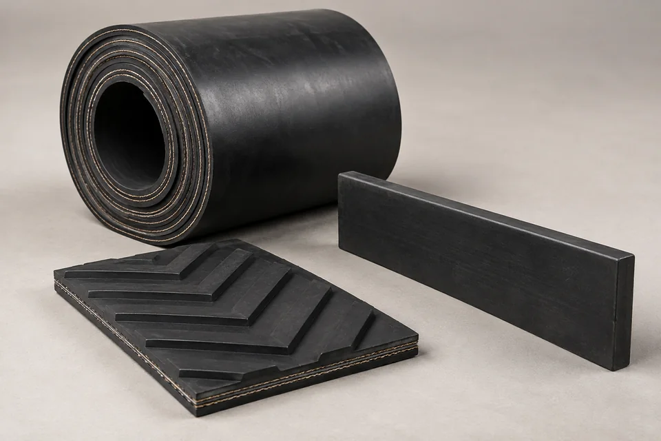 Studio render of a reinforced conveyor belt roll, chevron belt sample and skirt-rubber strip