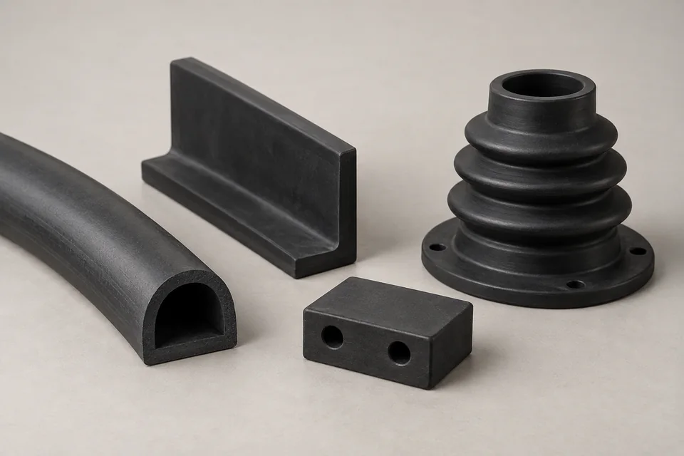 Studio render of D-section and L-section rubber extrusions, a drilled block and flanged bellows
