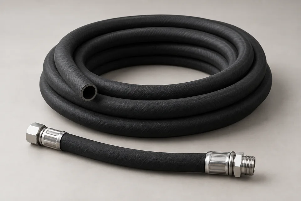 Studio render of coiled industrial rubber hose and a crimped hydraulic hose assembly