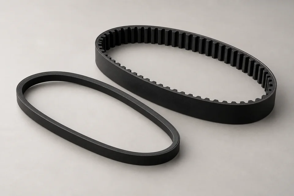 Studio render of a V-belt loop beside an internally toothed timing belt
