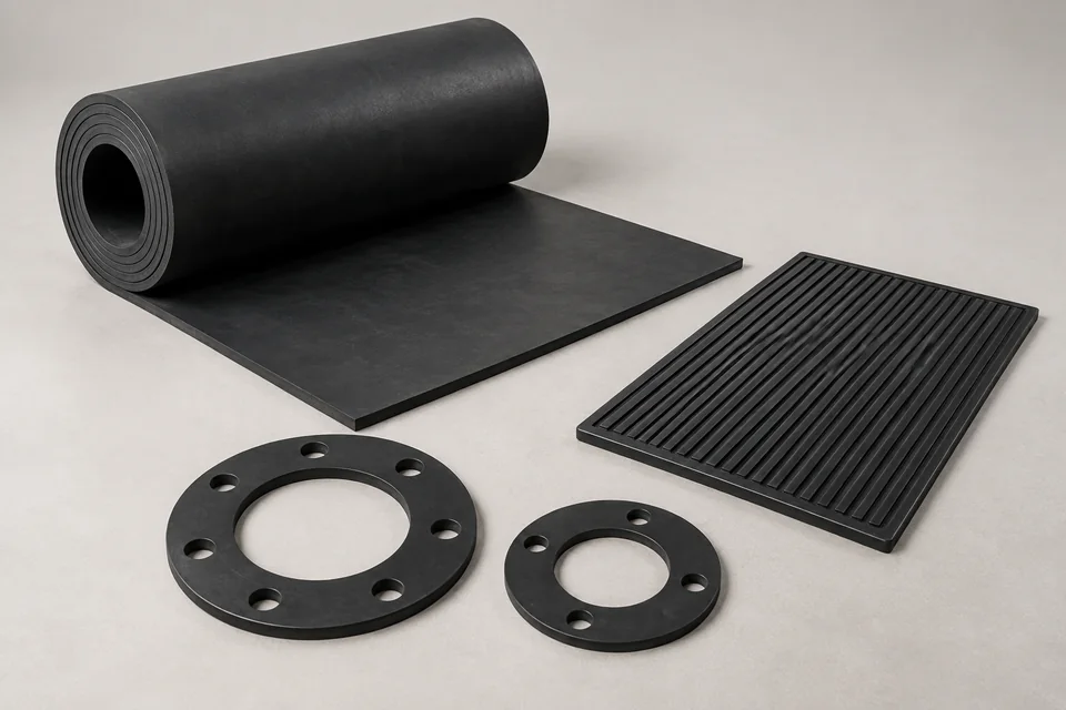 Studio render of rolled rubber sheet, a ribbed mat and flat flange gaskets