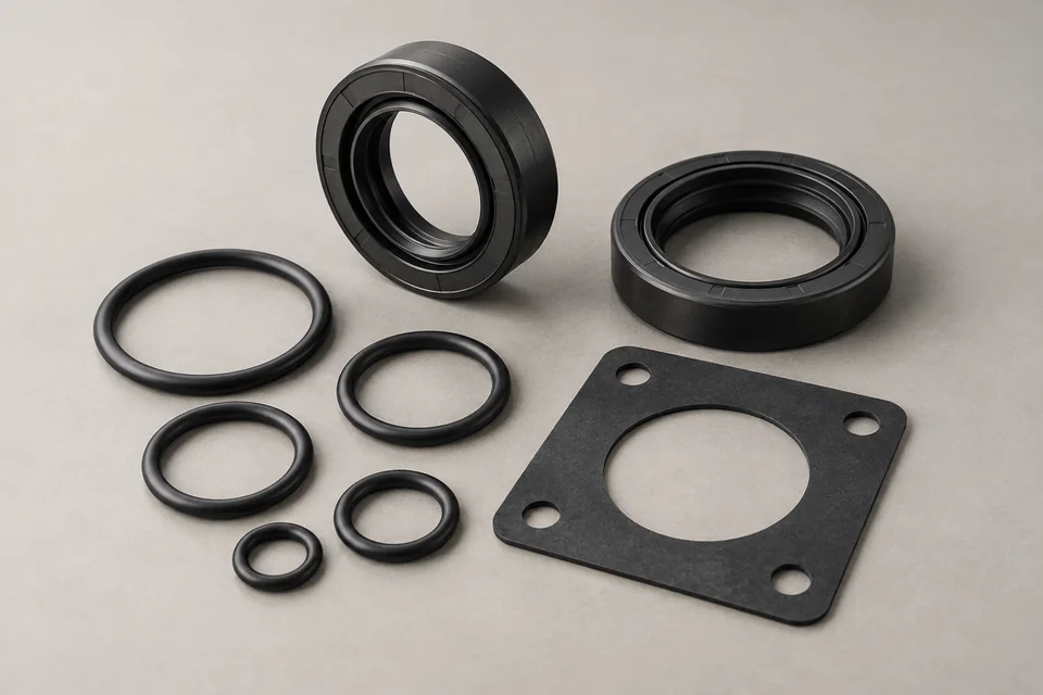 Studio render of black O-rings, radial lip seals and a flat four-hole gasket