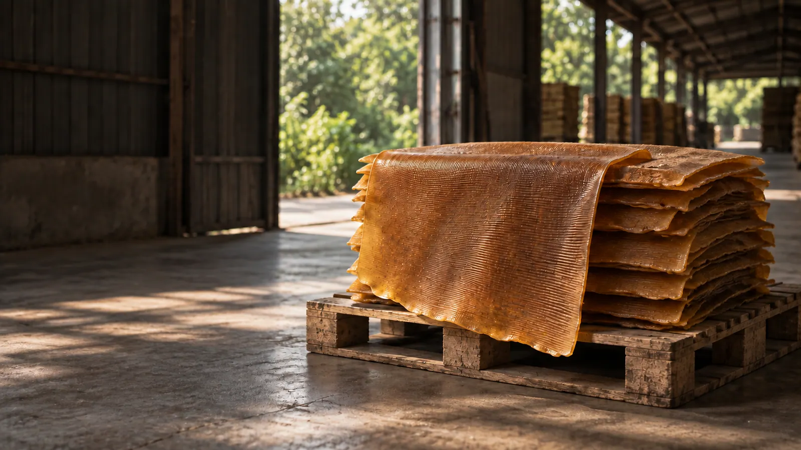 Ribbed Rubber sheets stacked for commercial dispatch.
