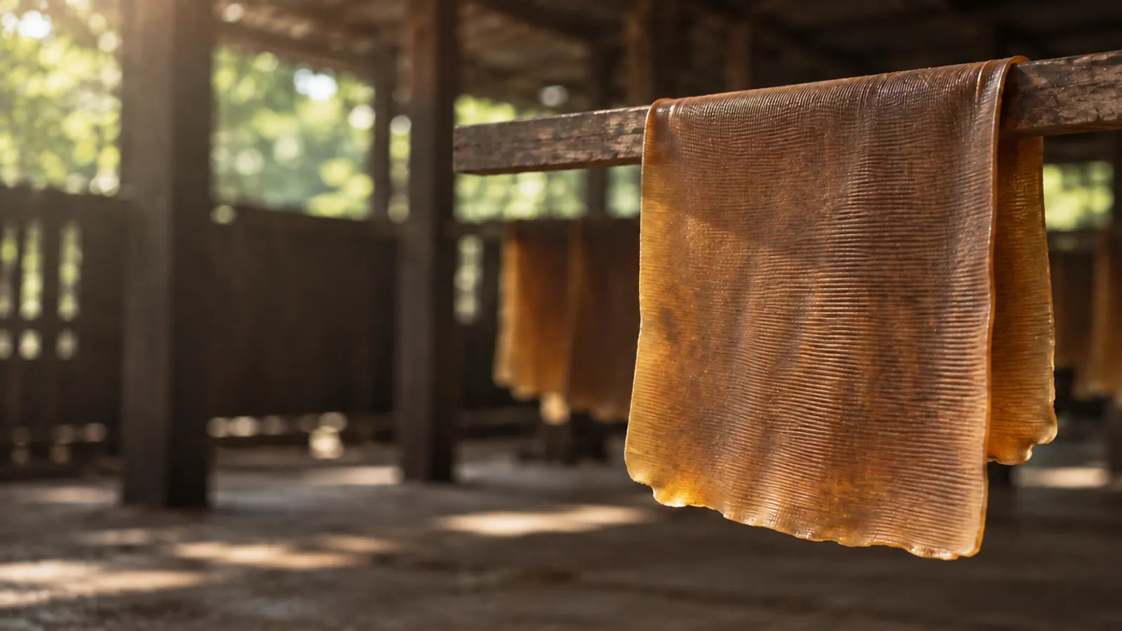 One amber ribbed Rubber sheet folded over a wooden rail.