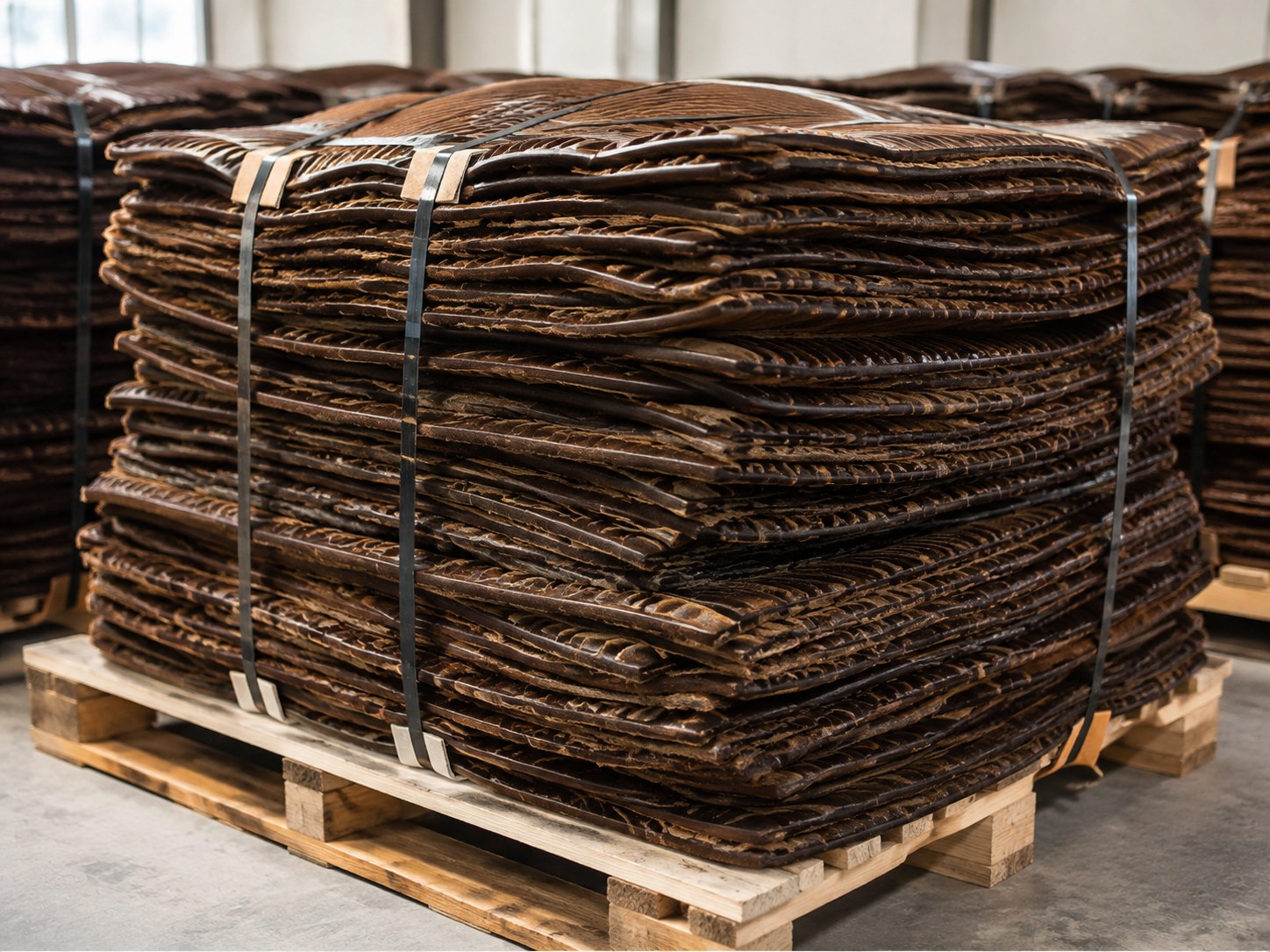 Illustrative bundled natural rubber sheets; RSS4 identity is confirmed by product specification.