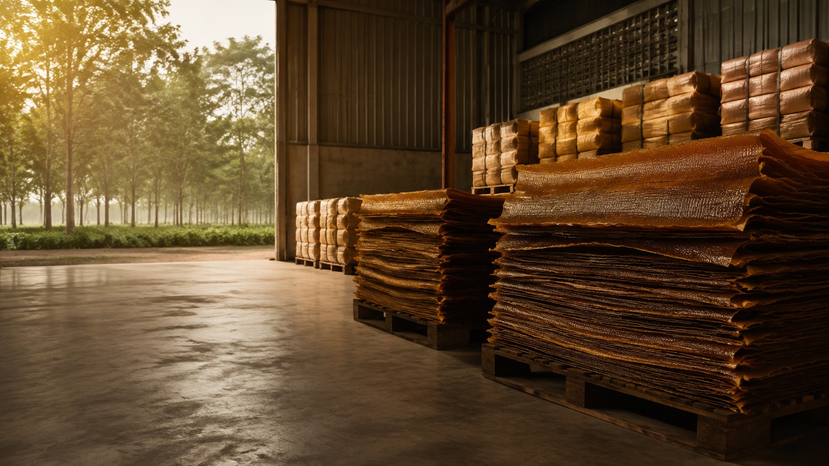 Illustrative natural rubber sheets staged for commercial handling.
